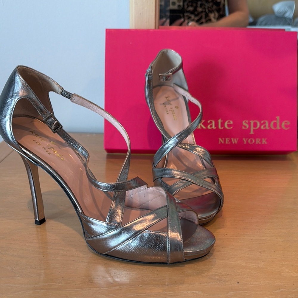 kate spade Metallic Pewter Strappy High Heel Sandals